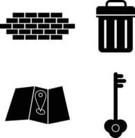 Building Brick Wall. Location Icon on Folded Paper Map. Trash Bin, Garbage Can and Key Icon Set vector