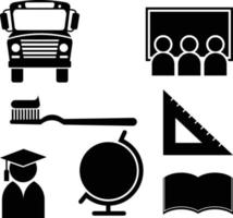 School Bus, Students Learning Computer Lesson, Triangle Ruler, Earth Globe, Graduating Book and Tooth Brush Icon Set vector