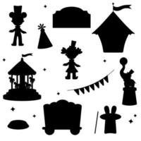 Collection of elements pink circus silhouette. Tent, clown, doll, elephant, garland, carousel, hare vector