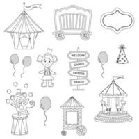 Collection of outline circus. Tent, monkey, doll, carousel, cap, ball, pointer vector