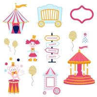 Collection of elements pink circus. Tent, monkey, doll, carousel, cap, ball, pointer vector