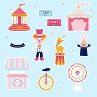 colección de pegatinas de circo rosa. carpa, juguete, carrusel, boletos
