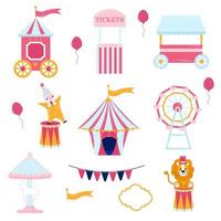 Collection of elements pink circus. Tent, clown, ticket office, lion vector