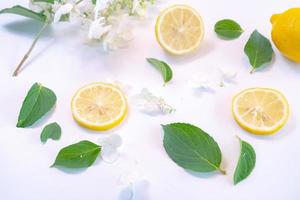 Creative layout made of lemon and leaves. Flat lay. Food concept. Lemon on white background photo