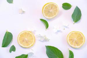 Creative layout made of lemon and leaves. Flat lay. Food concept. Lemon on white background photo