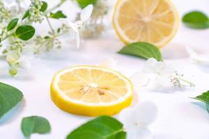 Creative layout made of lemon and leaves. Flat lay. Food concept. Lemon on white background photo