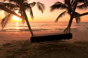 Wood swing with palm tree on the tropical beach sunset over the sea for travel in holiday relax time, photo