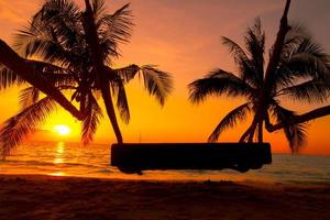 Wood swing with palm tree on the tropical beach sunset over the sea for travel in holiday relax tim