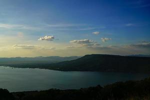 mountains, sky and dam  Turbines that generate electricity  Aerial view of Lam Ta Khlong Dam in Thailand photo