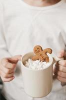 ginger man in a cup of cocoa with a big red bow on a white background, top view. Various Christmas sweets with a cup of cocoa on the table. photo