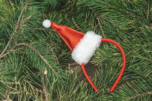 Christmas red hat on a background of fir branches, copy space photo