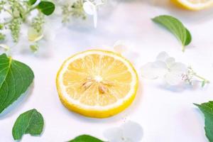 Creative layout made of lemon and leaves. Flat lay. Food concept. Lemon on white background photo