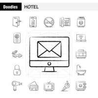 los iconos dibujados a mano del hotel establecidos para el kit de uxui móvil de infografía y el diseño de impresión incluyen check in check out door hotel mobile cell icon set vector