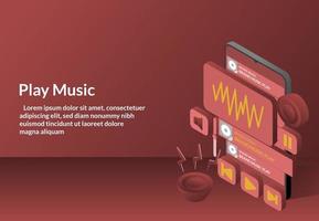 Isometric design - music play button on, speaker aktif concept music on tablet monitor , playlist sign template vector