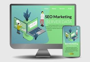 concepto de página de inicio del sitio web de marketing seo de plantilla, marketing de análisis de medios de colores de fondo, desarrollo de sistema de seo en línea infográfico de trabajo en equipo vector