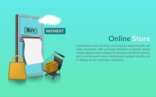 Ilustración 3d comprar concepto de tienda en línea teléfono inteligente, tienda de construcción fuera de línea pago signo de venta menoy, sitio web de página de inicio de banner de red digital de tecnología vector