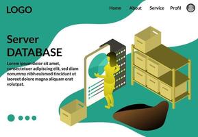 Landing page template Isometric data hosting server , hardware room website cloud network networking , digital big data system information young checking office vector