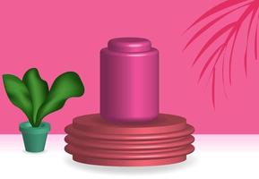 ilustración vectorial botella 3d en concepto realista de podio, publicidad mostrar maqueta estudio decoración vacío escaparate naturaleza rosa plantilla de signo, resumen para sus anuncios comerciales vector