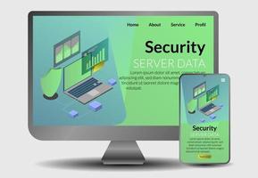 website isometric security data vector, concept template for landing page monitor and tablet isolated, background colorfull for your business design vector