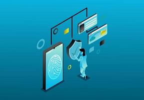 A young people save document , isometric concept art , protection technology business on mobile fingerprint vector