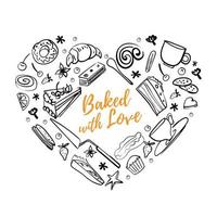 Cooking, baking and food background. Cooking banner for menu, recipes at cafe, pastry shop, bakery. Square doodle frame. Heart Shape. Nice design and decorate element or card for bakery, pastry shop. vector