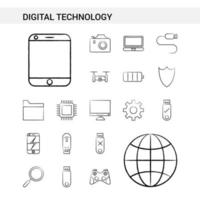 estilo de conjunto de iconos dibujados a mano de tecnología digital aislado en vector de fondo blanco