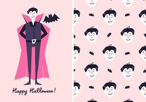 Halloween greeting card and seamless pattern set with cheerful vampire character, cartoon flat vector illustration. Cute smiling vampire in cloak and bat. Childish Halloween design.