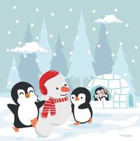 lindos pingüinos invierno jugando nieve vector