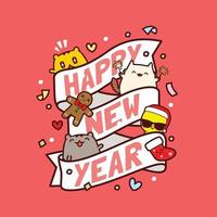 vector illustration of happy new year greetings in kawaii style