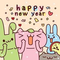 vector illustration of happy new year greetings in kawaii style