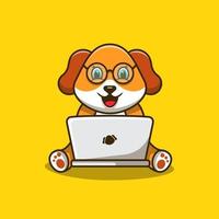 lindo perro usando la ilustración de vector de computadora portátil. vector de ilustración de perro en estilo lindo