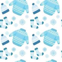 Seamless pattern with illustration of winter clothes. Cute sweater, knitted hat and socks blue color illustration with snowflakes vector