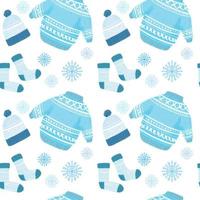 patrón sin costuras con ilustración de ropa de invierno. lindo suéter, gorro de punto y calcetines ilustración en color azul con copos de nieve vector