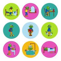 Set of stickers on the theme of daily planning of the daily routine of schoolchild. The baby frog performs various tasks during the day. Bright vector illustration.