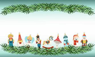 Christmas card with retro style Christmas decorations. Holiday characters tin soldier, angel, snowman, gnome, horse, Santa Claus, mushroom. Vector illustration.