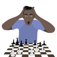 Black man put his hands on his head, guy at the chessboard, flat vector, isolated on white vector