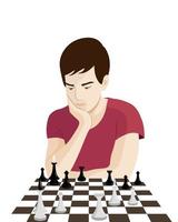 el tipo está sentado en el tablero de ajedrez pensando, jugando ajedrez, vector plano, aislado en blanco