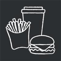 Fast food sketch, white contour drawing on black background, flat vector