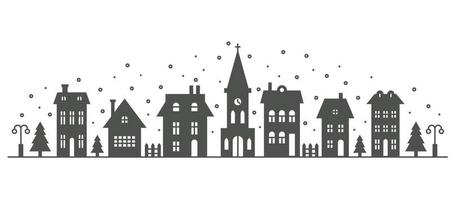 Suburban neighborhood winter landscape. Silhouette of houses and church on the skyline with snowflakes. Countryside cottage homes. Glyph vector illustration.