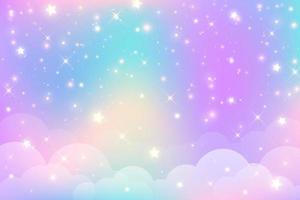 Rainbow unicorn background with clouds and stars. Pastel color sky. Magical landscape, abstract fabulous pattern. Cute candy wallpaper. Vector. vector