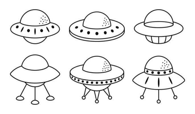 Collection of outline alien flying saucers. UFO contour illustration isolated on white background.