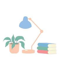 A desktop with textbooks and a desk lamp. Vector stock illustration. Isolated on a white background.
