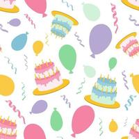 Vector seamless pattern. Birthday. Cakes, balls and streamers.
