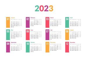 calendario 2023 diseño de vector de diseño elegante y moderno para la escuela de oficina o el hogar con cuadrícula de tres filas y cuatro columnas