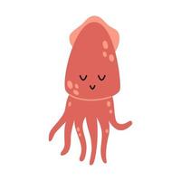 Vector cute red squid. Sea animal in flat design. Mollusk with tentacles.