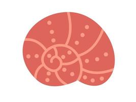 Vector seashell in flat design. Red spiral seashell with dots. Mollusk.