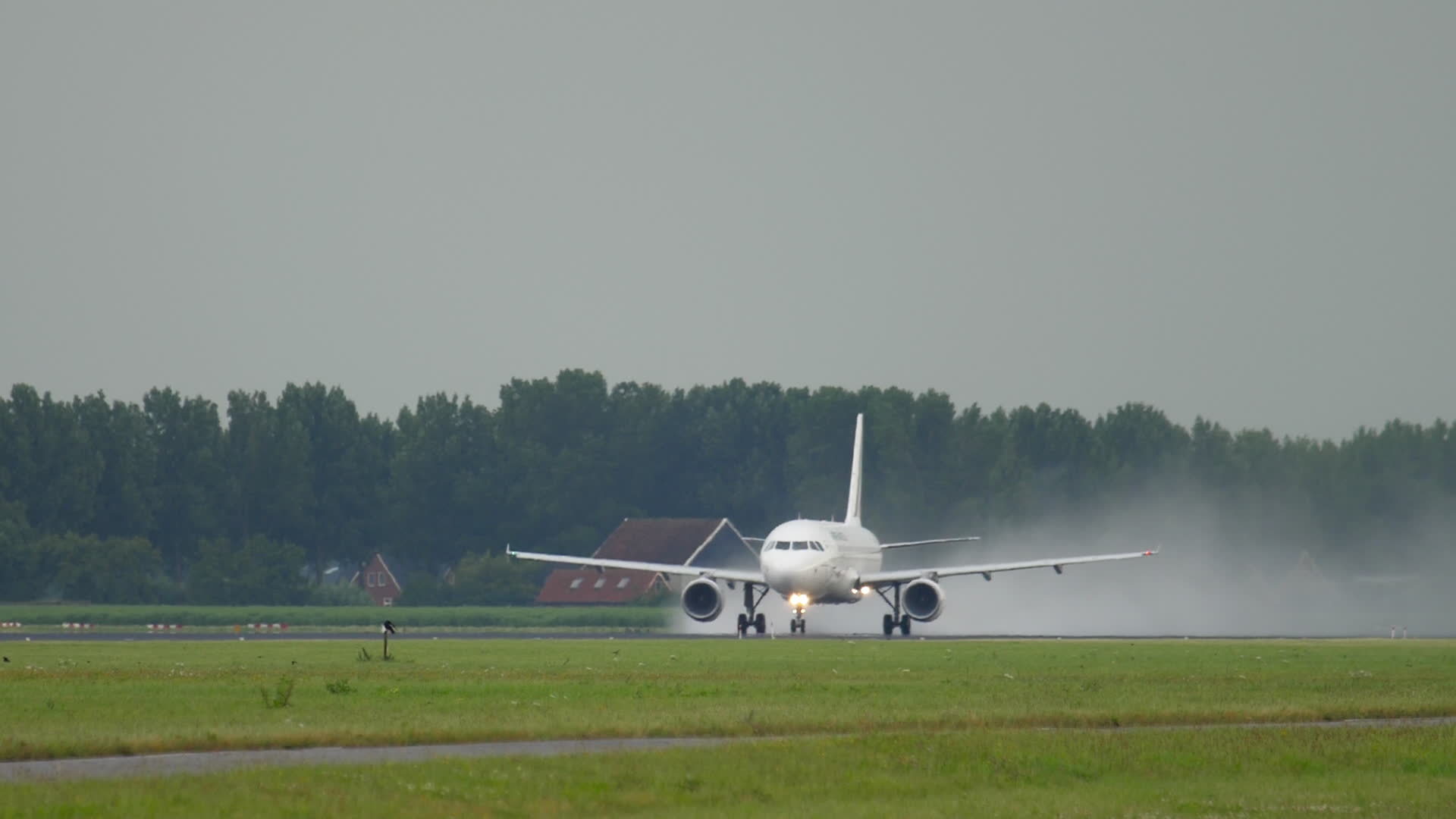 The plane accelerates to take off on a wet runway. 14243273 Stock Video at Vecteezy