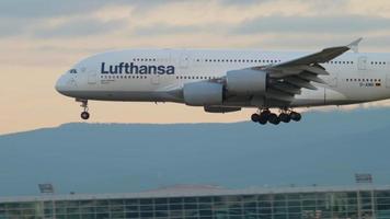 FRANKFURT AM MAIN, GERMANY JULY 21, 2017 - Lufthansa Airbus A380 D AIMD approaching at early morning, runway 25C. Fraport, Frankfurt, Germany video