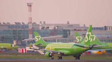 NOVOSIBIRSK, RUSSIA JUNE 10, 2020 - Airbus A320 Airline S7 departs from Tolmachevo International Airport in the early morning. S7 Airlines plane takes off video