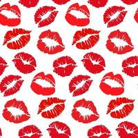 Seamless pattern with lipstick prints on a white background in red shades. Red lips as a background for gift wrapping. Suitable for printing on paper and textiles. vector